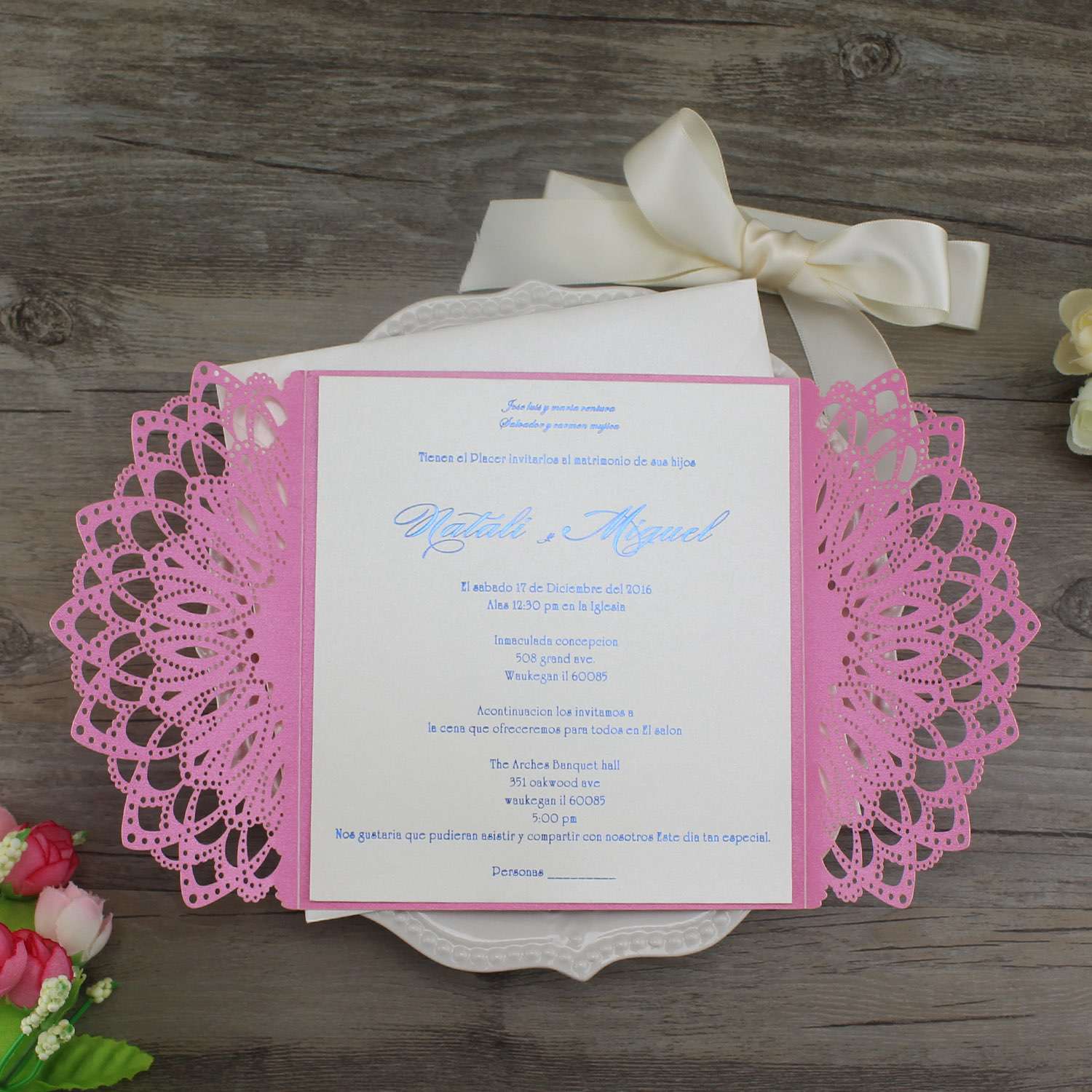 Laser Cut Invitation Card with Ribbon Bow Wedding Card Customized 